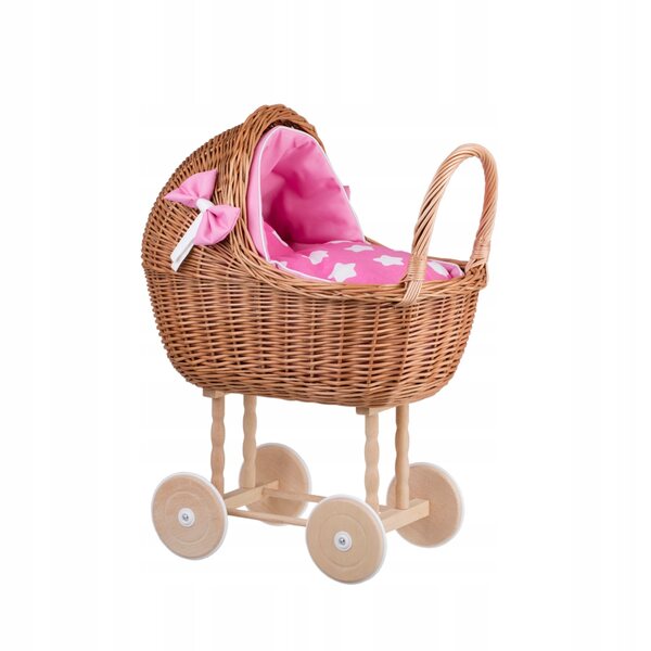 Lena-Puppenkinderwagen aus Korbgeflecht mit rosa Besatz, Bettwäsche und Kissen