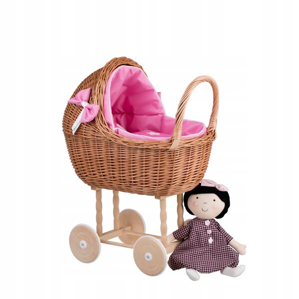 Lena-Puppenkinderwagen aus Korbgeflecht mit rosa Besatz, Bettwäsche und Kissen