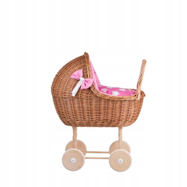 Lena-Puppenkinderwagen aus Korbgeflecht mit rosa Besatz, Bettwäsche und Kissen