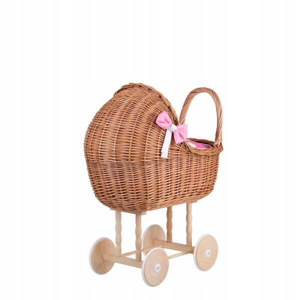 Lena-Puppenkinderwagen aus Korbgeflecht mit rosa Besatz, Bettwäsche und Kissen