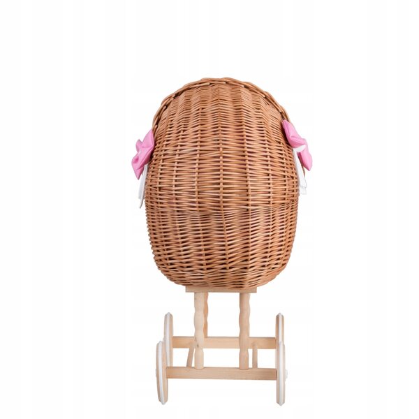 Lena-Puppenkinderwagen aus Korbgeflecht mit rosa Besatz, Bettwäsche und Kissen
