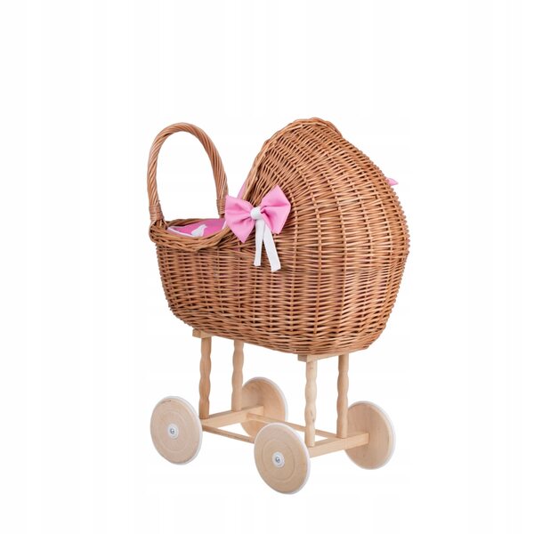 Lena-Puppenkinderwagen aus Korbgeflecht mit rosa Besatz, Bettwäsche und Kissen