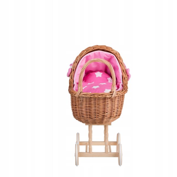 Lena-Puppenkinderwagen aus Korbgeflecht mit rosa Besatz, Bettwäsche und Kissen