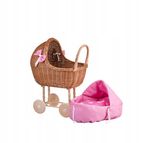 Lena-Puppenkinderwagen aus Korbgeflecht mit rosa Besatz, Bettwäsche und Kissen