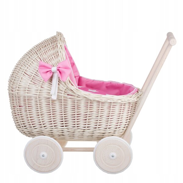 Wicker Stories Lili: Kinderwagen aus Korbgeflecht mit rosa Stoff für Puppen, Bett und Kissen