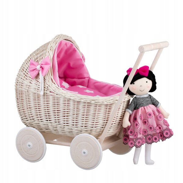Wicker Stories Lili : Landau en osier avec tissu rose pour poupées, lit et coussin