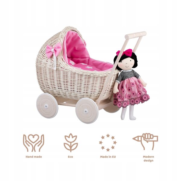 Wicker Stories Lili : Landau en osier avec tissu rose pour poupées, lit et coussin