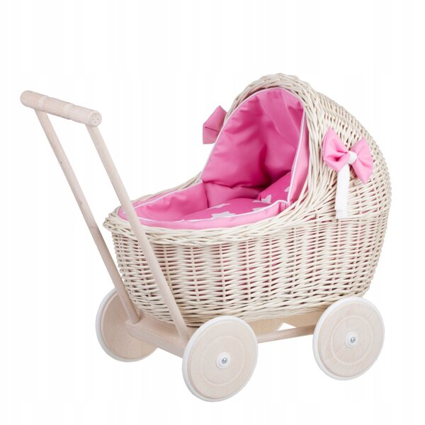 Wicker Stories Lili : Landau en osier avec tissu rose pour poupées, lit et coussin