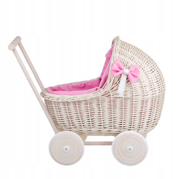 Wicker Stories Lili : Landau en osier avec tissu rose pour poupées, lit et coussin