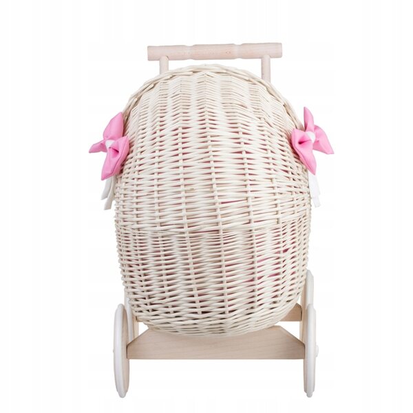 Wicker Stories Lili : Landau en osier avec tissu rose pour poupées, lit et coussin