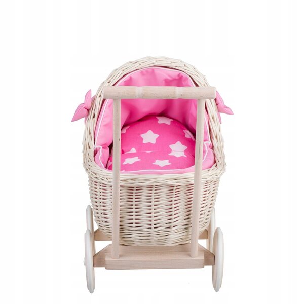 Wicker Stories Lili : Landau en osier avec tissu rose pour poupées, lit et coussin