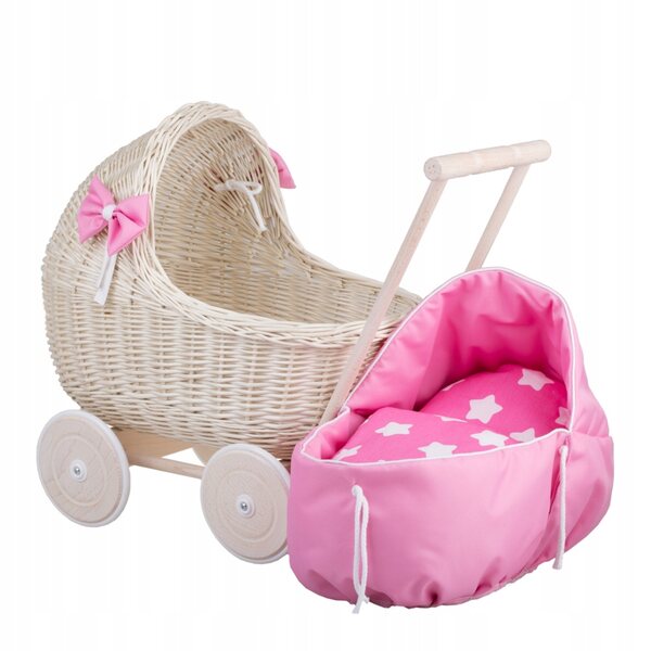 Wicker Stories Lili : Landau en osier avec tissu rose pour poupées, lit et coussin