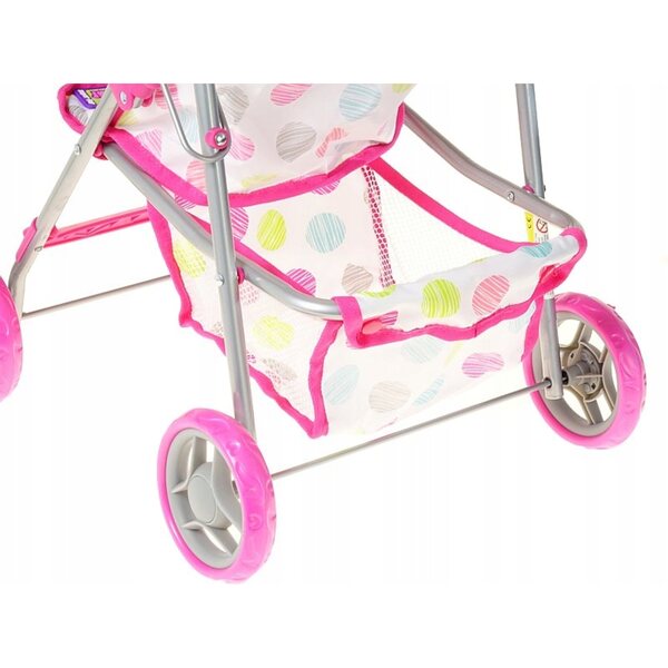 Passeggino per bambole bianco a pois con ruote silenziose e cesta portaoggetti