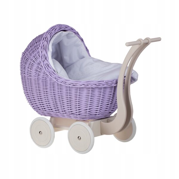 Puppenwagen aus Korbgeflecht mit weißer Polsterung, Kissen und Decke