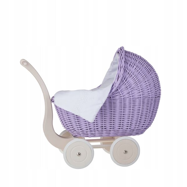 Puppenwagen aus Korbgeflecht mit weißer Polsterung, Kissen und Decke