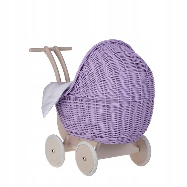Puppenwagen aus Korbgeflecht mit weißer Polsterung, Kissen und Decke
