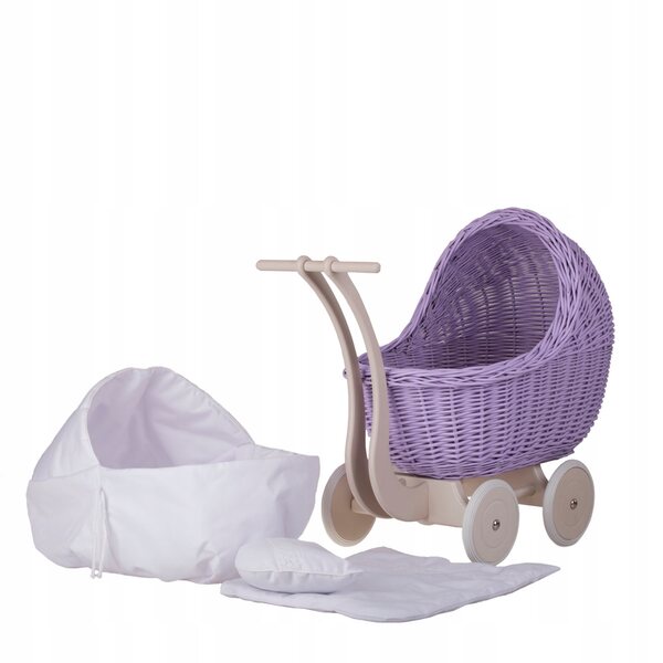 Puppenwagen aus Korbgeflecht mit weißer Polsterung, Kissen und Decke