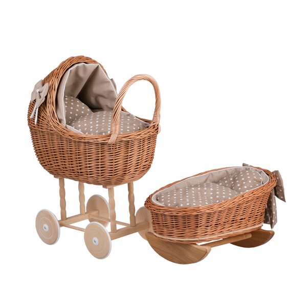 Lena set carrozzina e culla in vimini con rivestimento beige per bambole