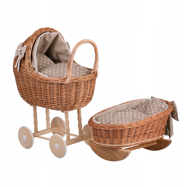 Lena set carrozzina e culla in vimini con rivestimento beige per bambole