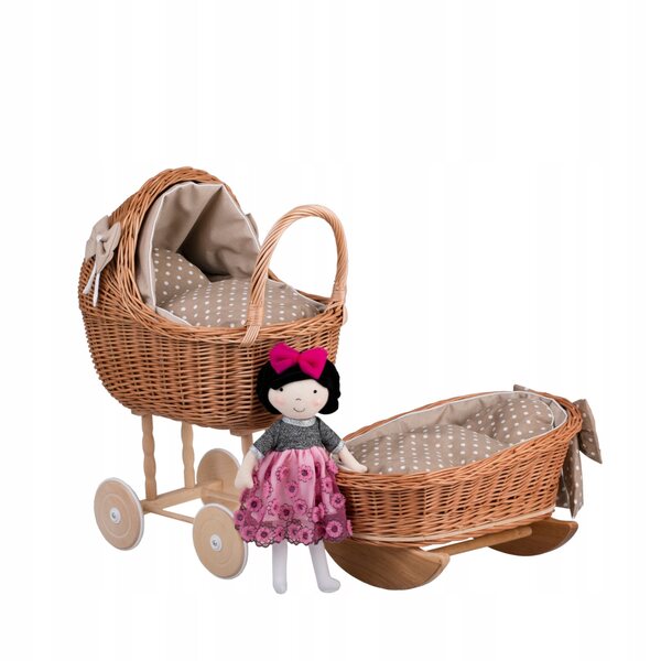 Lena set carrozzina e culla in vimini con rivestimento beige per bambole