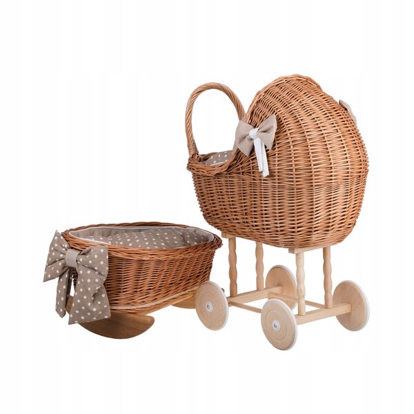 Lena set carrozzina e culla in vimini con rivestimento beige per bambole