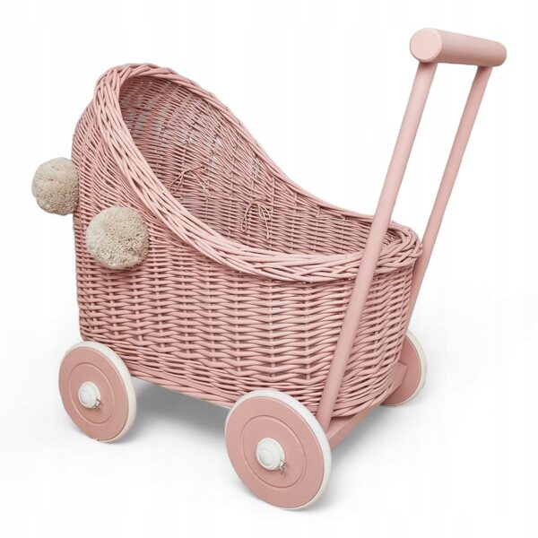 Passeggino in vimini per bambole, rosa sporco con pompon beige, in legno