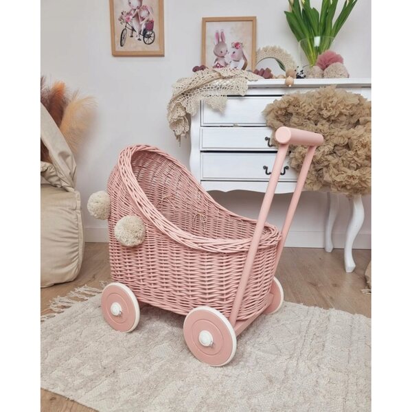 Passeggino in vimini per bambole, rosa sporco con pompon beige, in legno