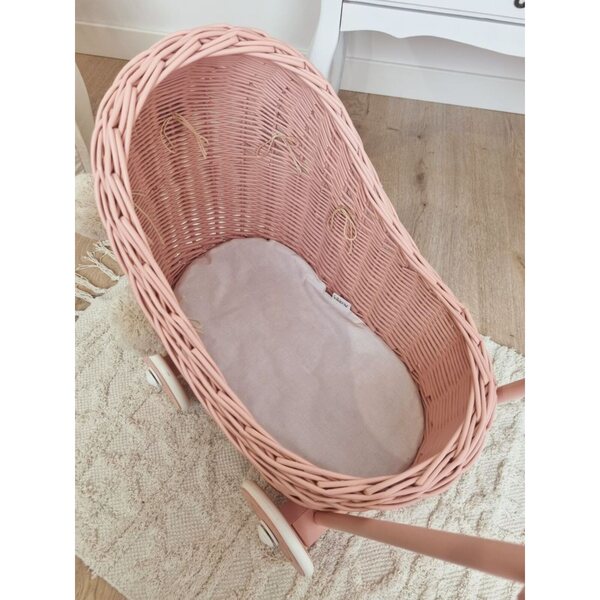 Passeggino in vimini per bambole, rosa sporco con pompon beige, in legno
