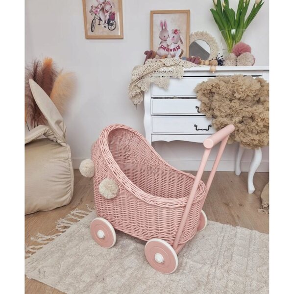 Passeggino in vimini per bambole, rosa sporco con pompon beige, in legno
