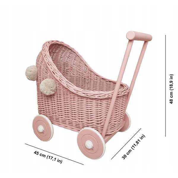 Passeggino in vimini per bambole, rosa sporco con pompon beige, in legno