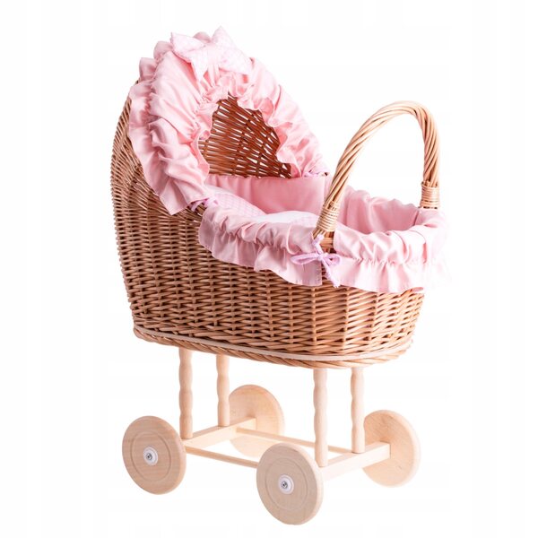 Passeggino per bambole in vimini con finiture rosa, trapunta e cuscino 55x30x57 cm
