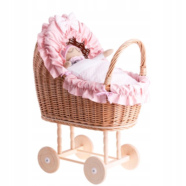 Passeggino per bambole in vimini con finiture rosa, trapunta e cuscino 55x30x57 cm