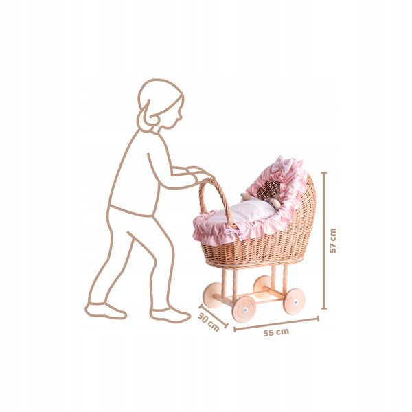 Passeggino per bambole in vimini con finiture rosa, trapunta e cuscino 55x30x57 cm