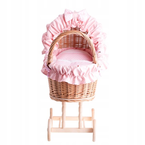 Passeggino per bambole in vimini con finiture rosa, trapunta e cuscino 55x30x57 cm