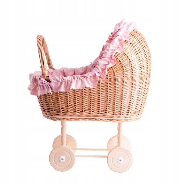 Passeggino per bambole in vimini con finiture rosa, trapunta e cuscino 55x30x57 cm