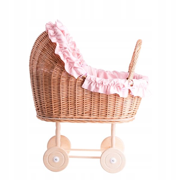 Passeggino per bambole in vimini con finiture rosa, trapunta e cuscino 55x30x57 cm
