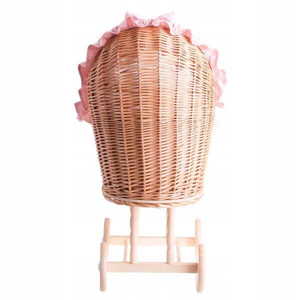 Passeggino per bambole in vimini con finiture rosa, trapunta e cuscino 55x30x57 cm