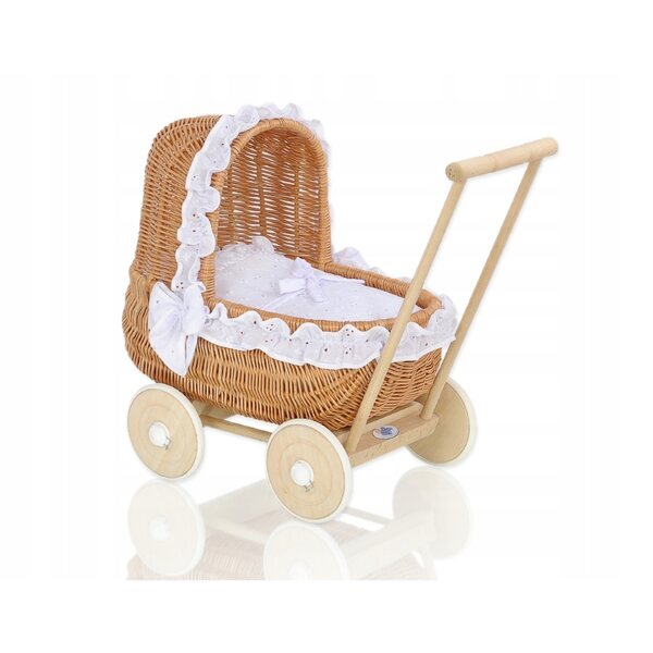 Puppenwagen aus Korbgeflecht mit besticktem weißem Leinen – Retro, natürlich