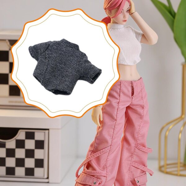 1:12 Miniatur-T-Shirt für 6-Zoll-Puppen – elegantes Damenoberteil in Dunkelgrau