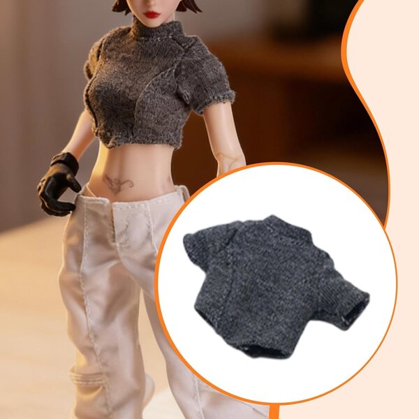 1:12 Miniatur-T-Shirt für 6-Zoll-Puppen – elegantes Damenoberteil in Dunkelgrau