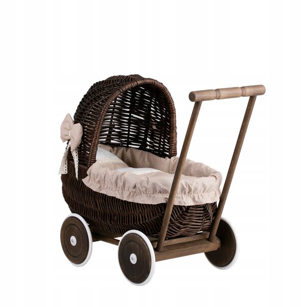 Puppenwagen aus Korbgeflecht mit Beige- und Leinen-Finish, umweltfreundliches Spielzeug für Kinder