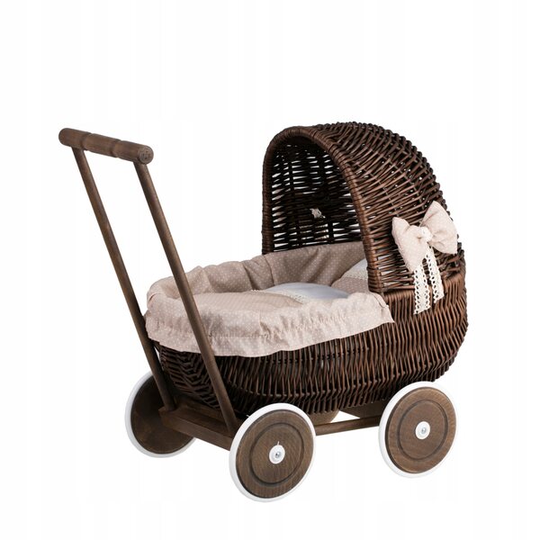 Passeggino per bambole in vimini con finiture beige e lino, giocattolo ecologico per bambini