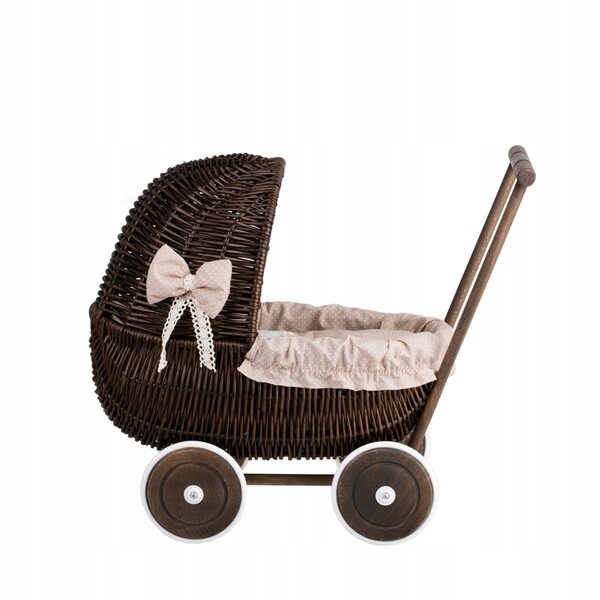 Passeggino per bambole in vimini con finiture beige e lino, giocattolo ecologico per bambini