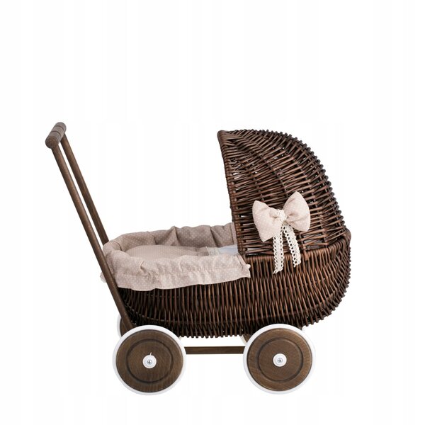 Passeggino per bambole in vimini con finiture beige e lino, giocattolo ecologico per bambini