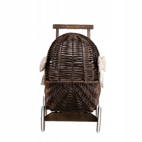 Passeggino per bambole in vimini con finiture beige e lino, giocattolo ecologico per bambini