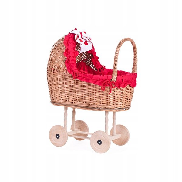 Passeggino per bambole in vimini con finiture rosse, trapunta e cuscino 55x30x57 cm