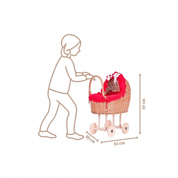 Passeggino per bambole in vimini con finiture rosse, trapunta e cuscino 55x30x57 cm