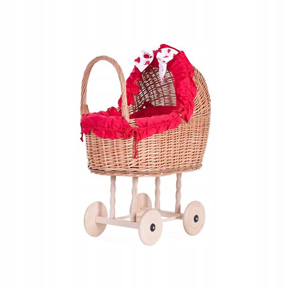 Passeggino per bambole in vimini con finiture rosse, trapunta e cuscino 55x30x57 cm