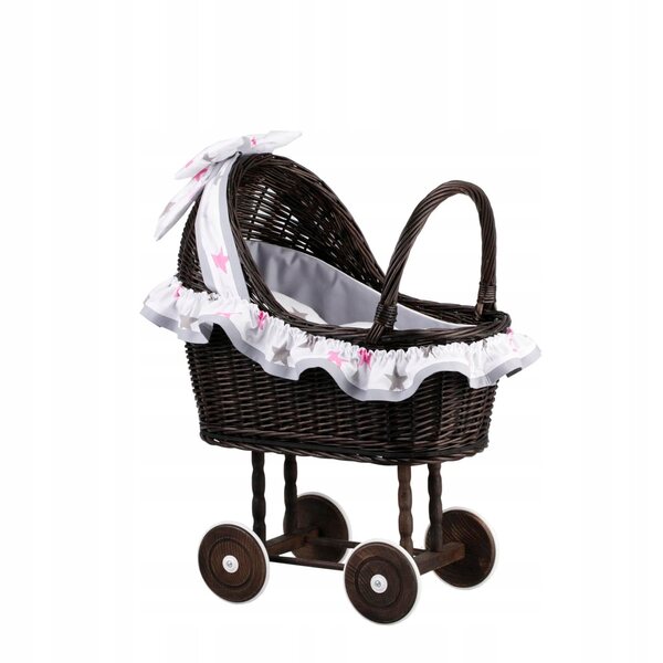 Passeggino per bambole in vimini con finiture grigie, cuscino e trapunta 55x30x57 cm
