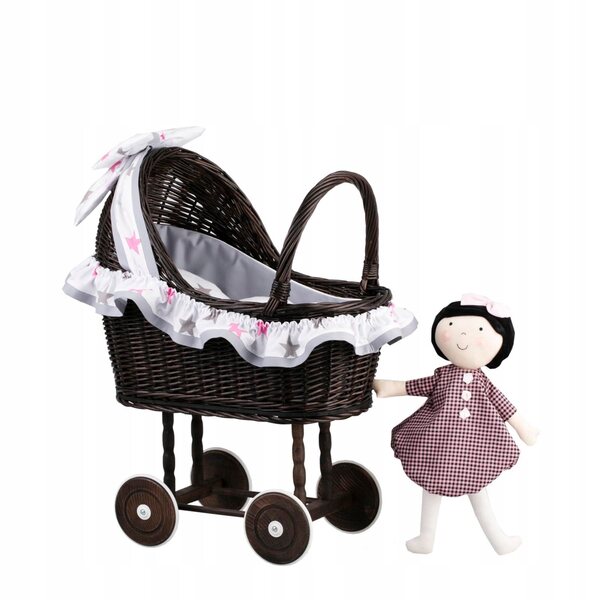 Passeggino per bambole in vimini con finiture grigie, cuscino e trapunta 55x30x57 cm